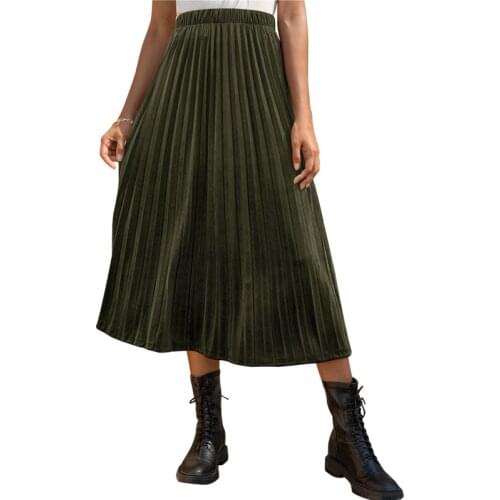 Women Fashion Midi Skirts Velour Folds High Waist Female Office Lady Casual Streetwear A Line Long Skirt Plus Size Jupe Femme
