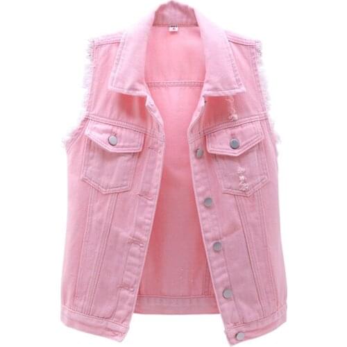Fashion Short Womens Big Size Denim Vest Jacket Spring Summer Single-breast Pocket Hole Jeans Vest Coat Women Casual Waistcoat