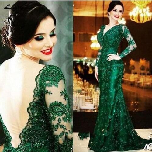 New Emerald Green Lace Mermaid Mother of the Bride Dresses with Long Sleeve See Through Back Beaded Wedding Guest Gowns 2021