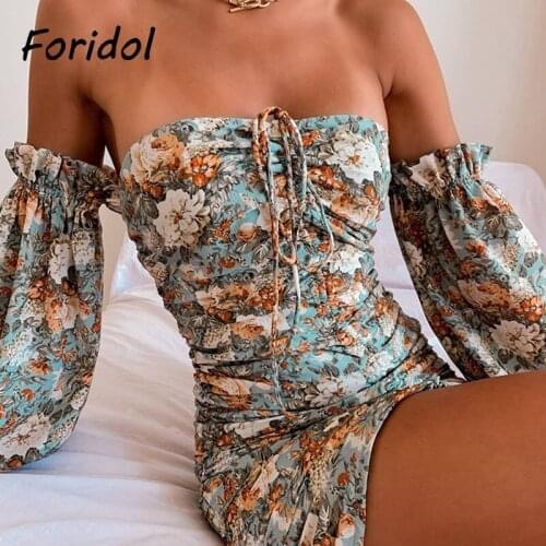 Foridol Floral Print Boho Summer Dress Off Shoulder Ruched Bodycon Mini Dress Club Party Sexy Short Dress Beach Blue Dress 2021