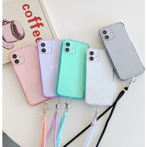 Shockproof Clear Phone Case For iPhone 12 Mini XR XS Max 7 8 Plus X Soft TPU Back Cover For iPhone 11 Pro Cover With Strap