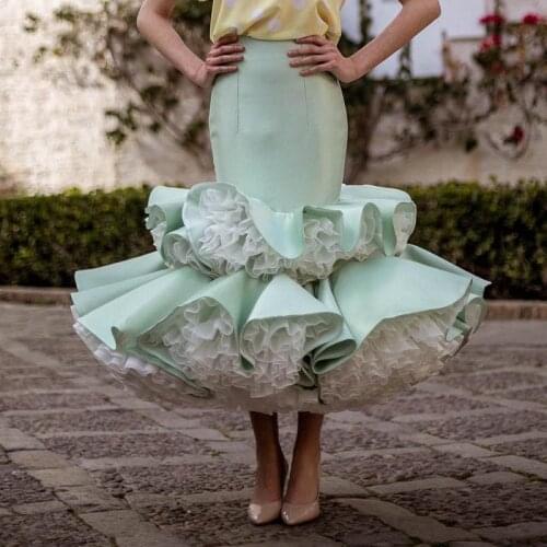 Gorgeous Mint Green Mermaid Satin Skirts Women 2020 With Ruffles Tulle Ankle Length Skirt Custom Made Faldas Mujer