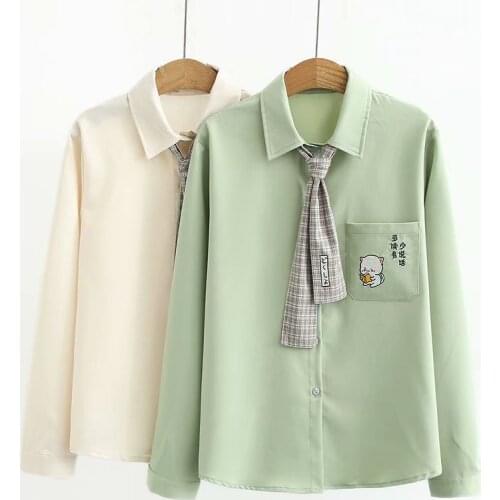 2021 Cartoon Animal Cat Embroidery Tie Blouse Women Harakuju Funny TurnDown Collar Cute Pocket Long Sleeve Cotton Shirts And Top
