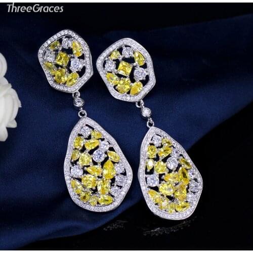ThreeGraces Elegant Yellow Cubic Zirconia Crystal Silver Color Drop Dangle Earrings For Women Evening Party Accessories ER600