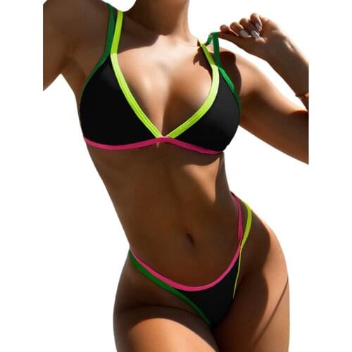 Womens Sexy Contrast Color Swimwear Sleeveless Tops Briefs Swimsuit Classic Hollow Bare Midriff Two-pieces Bikini Set