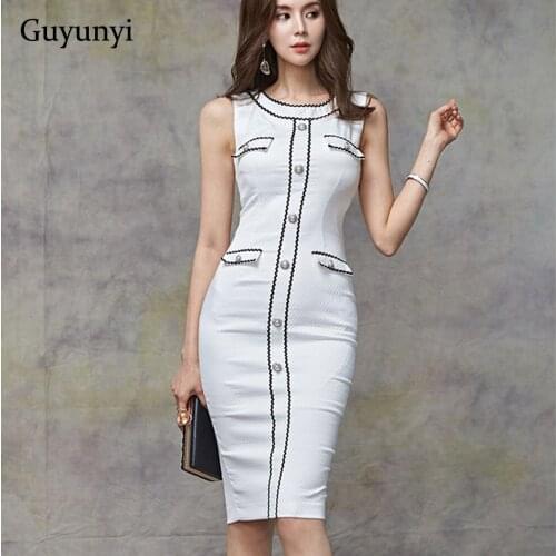 White Elegant Office Dress 2019 Summer Sleeveless Decorative Button Slim Fit High Waist Simple Comfortable Women Party Dress