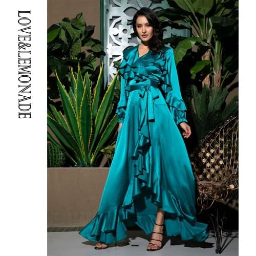 LOVE&LEMONADE Sexy Green Deep V-Neck Cross Ruffle Decoration Lantern Sleeve Beach Maxi Dress LM81832