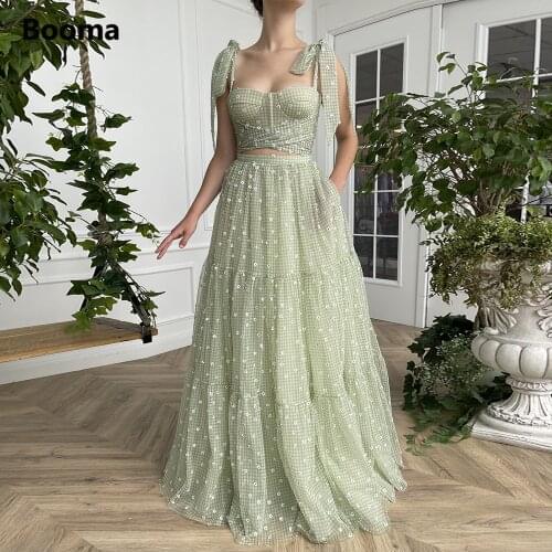 Booma Green Gingham Tulle Two Pieces A-Line Prom Dresses Bow Straps Crop Top Flowers Wedding Party Dresses Summer Matching Set