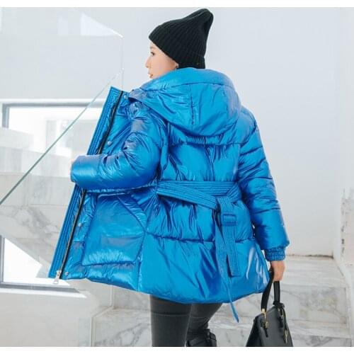 2020 Winter Women Long Glossy Solid Jacket Shiny Casual Womens Parkas Slim Hooded Stand Collar With Sashes Thick Female Coat