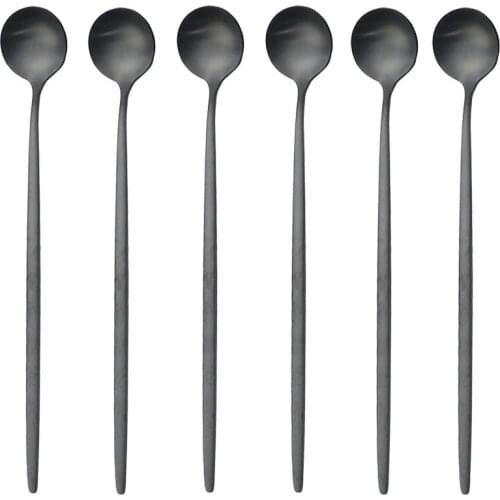 6Pcs Black Color Coffee Tea Stir Spoon Long Handle Ice Cream Dessert Spoons Eco-Friendly Stainless Steel Tableware Kitchen