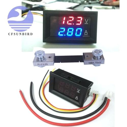DC 0-100V 10A 100A Digital Voltmeter Ammeter Dual Display Voltage Detector Current Meter Panel Amp Volt Gauge 0.28" Red Blue LED