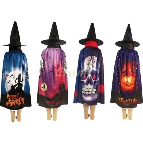 Halloween Child Cloak Masquerade Performance Cloak Costume Dress Up Witch Wizard Hat Boys Girls Cosplay Ghost Pattern Cape Cap
