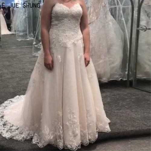 E JUE SHUNG Elegant Sweetheart Lace Wedding Dresses Sleeveless With Appliques Plus Size A Line Wedding Gowns vestido de noiva