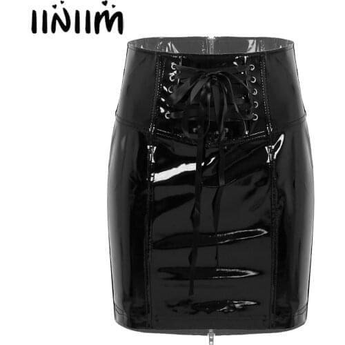 Iiniim Women Wet Look Patent Leather Lace-up Skirt High Waist Zipper Back Slim Fit Pencil Skirts Party Clubwear
