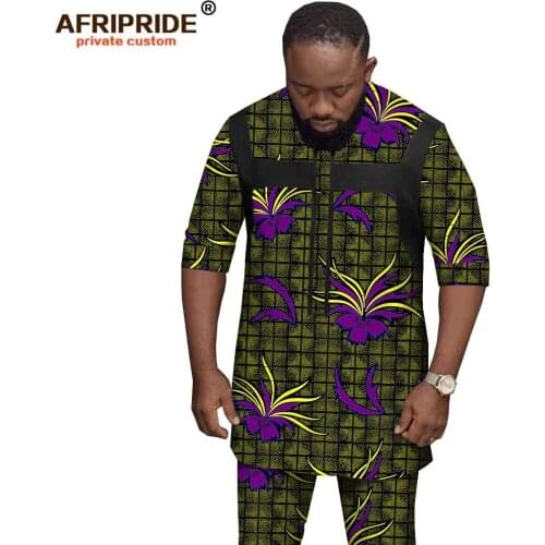 African Men Clothing Tribal Outfits Short Sleeve Crop Top Print Shirts+Ankara Pants Set Tracksuit Blouse AFRIPRIDE A1916005B