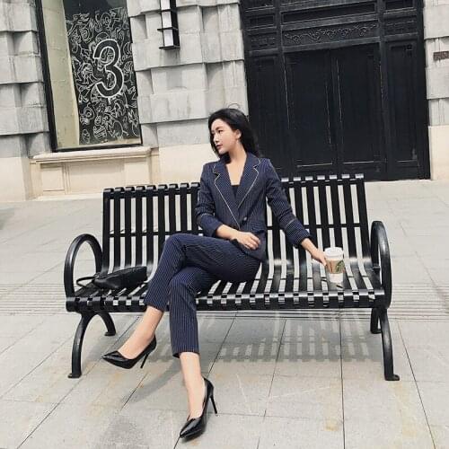 Suit female 19 autumn temperament professional casual long-sleeved striped suit + nine pants two sets of elegant fashion womens