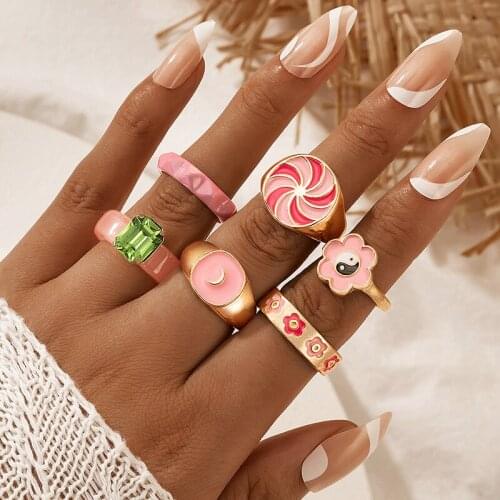Tocona 6pcs/sets Trendy Tai Chi Moon Ring Sets for Women Grils Lovely Flowers Geometry Opening Ring Jewelry Anillo 19784
