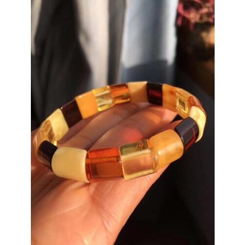 Genuine Natural Red Amber Yellow Piebald Amber Bracelet 14x13mm Mixed Bead Women Healing Rectangle Beads Bangle Genuine AAAAA