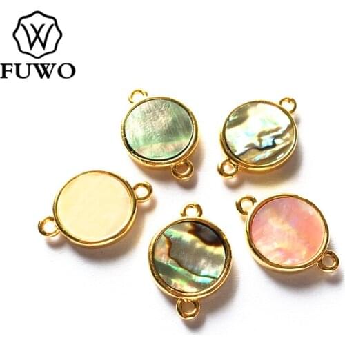 FUWO New Round Shape Abalone Shell Connector Pendant With Copper Bezel For Jewelry Making White Black Pink Shell Wholesale PD584