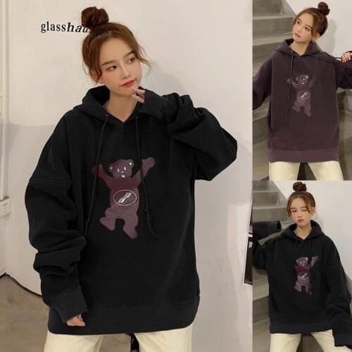 Autumn Hoodie Women fashion Polyester Long Sleeve Bear Print Plush Warm Hoodie Oversize Hooded Sweatshirt толстовка 2021