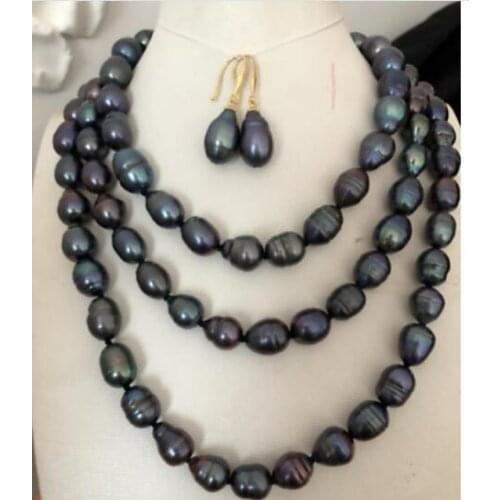 Stunning 11-12 mm tahitian black green baroque pearl necklace48"& earring