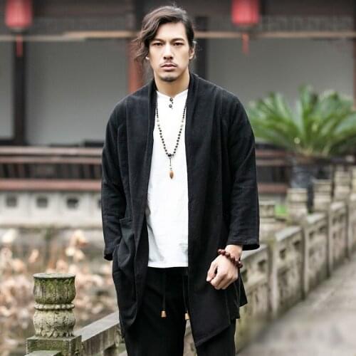 MenS Trench Coat Outerwear Cotton 3/4 Sleeve Kimono Irregular Patchwork Chinese Style Vintage Cloak Cape Men Cardigan KK3219