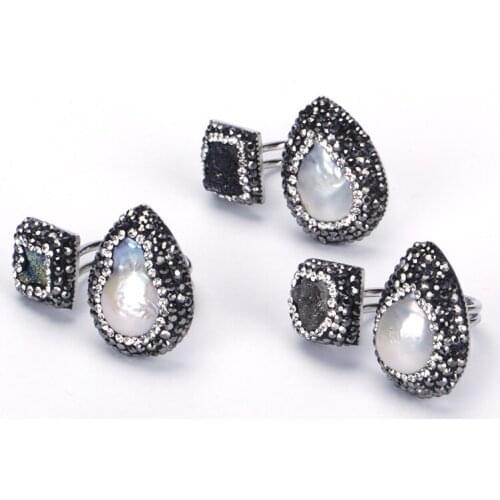 Dankaishi Two Stones Stylish Rings for Men and Women Fashion Jewelry Bohemian Unique Design Pearl and Stone Rhinestone Friends