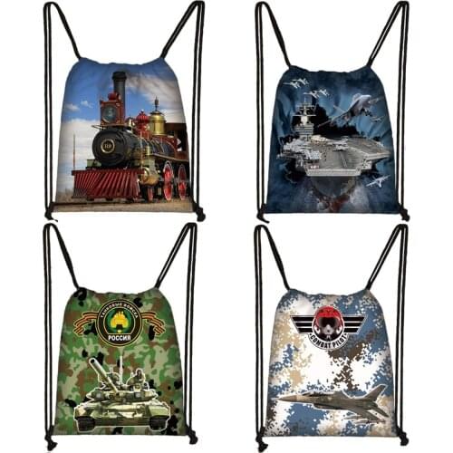 Aircraft Carrier / Fighter / Tank / Locomotive Drawstring Bag Teenager Storage Bags Boys Canvas Backpack Kids Book Bag Gift