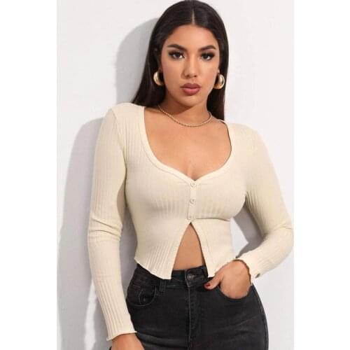 Sexy Button White Crop Top Long Sleeve Winter Black Basic Slim Split Short Top Office Lady Low-cut V-neck Knit Ribbed Open Shirt