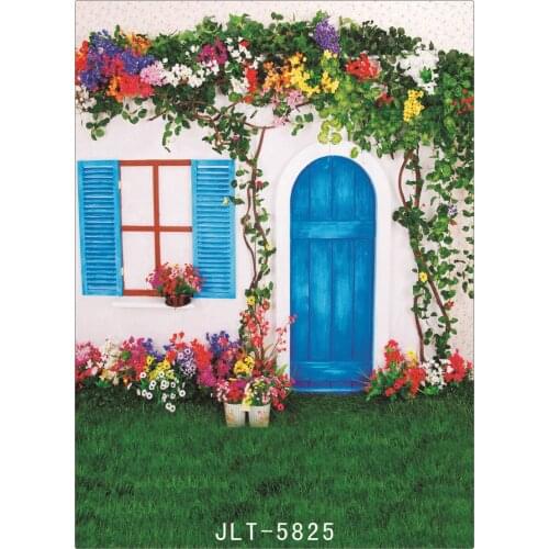Vinyl Photography Backgrounds Blue Door Flowers Grassland Customized Computer Printed Backdrop for Photo Studio Wedding Children
