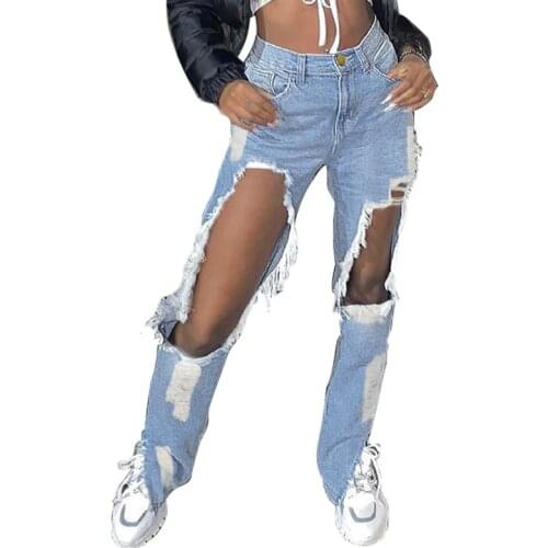 Women High Waist Double Buckles Denim Pants Straight Bell Bottom Pants Side Split Jeans Flared Trousers Fashion Blue Denim Jeans