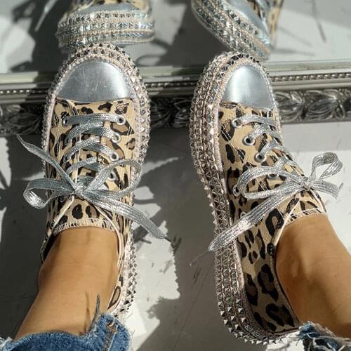 2020 Lace-Up Leopard Thick Bottom Canvas Shoes Rhinestone Sexy Fashion 4 Style High-Top Low-Top Female Platform Flats Shoes