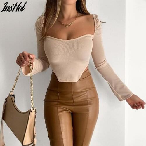 Women Rib Knitted Fashion Casual Spring Autumn Slim Pullover Sexy Crop Tops Long Sleeve Square Neck Irregular Hem T Shirt