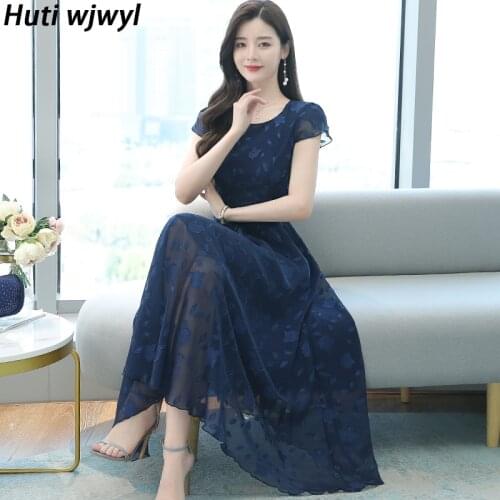 Elegant Women Party Sexy Black Long Vestido 2021 Vintage Casual Plua Size Jacquard Midi Sundress Summer Chiffon Beach Maxi Dress