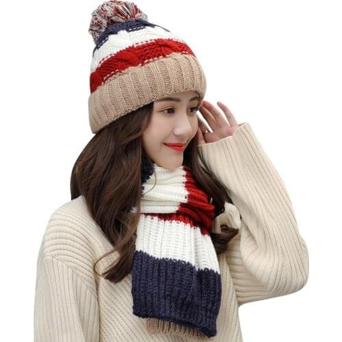 2019 Winter Hat Scarf Set For Women Girl Warm Beanies Hat For Girl Ring Scarf Pompoms Winter Hats Knitted Caps Scarf 2 Pieces
