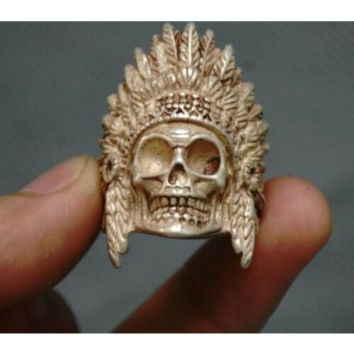 3.5cm Old Chinese Silver human skeleton King Skull Head Jewelry Hand Ring