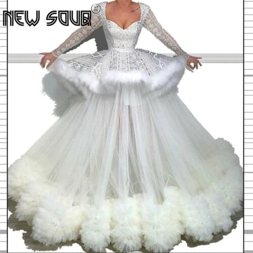 White Feathers Ball Gown Evening Dresses Arabic Kaftans Dubai Prom Dress Party Gowns Long Sleeves Formal Evening Gowns Vestidos
