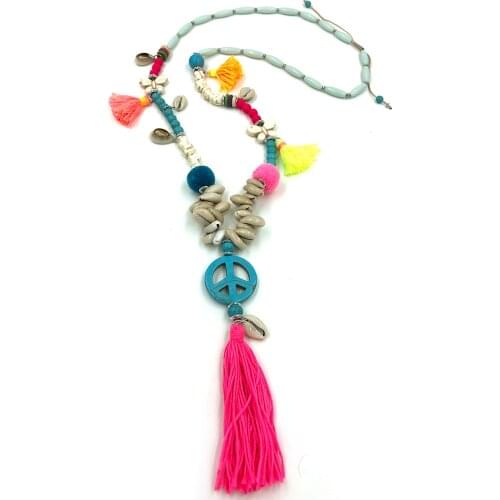 Boho jewelry cotton fringe tassel Bohemia Necklace Peace Symbol charm long Necklaces Sea Beach shell beaded chain necklace