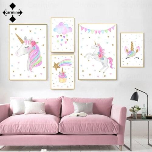 Baby Room Decor Wall Poster Nordic Cratoon Canvas Printing Picture Pink Unicorn Cloud Wall Art Painting for Home Decor Frameless