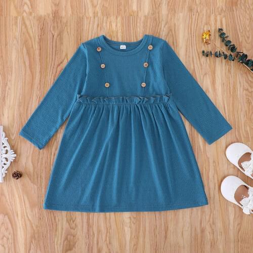 Ins Popular Toddler Girls Dress Navy Blue Kids Long Sleeve Outfit Summer Clothes Spring Fall Fashion