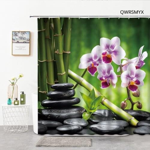Zen Stone Green Bamboo Flower Shower Curtain Bathroom Decor Relax And Balance Home Background Hanging Cloth Bathroom Products