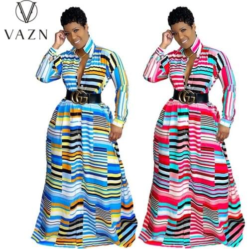 VAZN 2021 Plus Size Early Autumn Shirt Chiffon Maxi Long Dress Sexy Retro Free Full Sleeve Young Women For Evening Robe