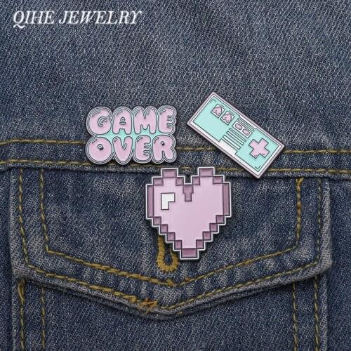 QIHE JEWELRY Pixel Art Enamel Pins Pixel Games Lapel Pins Game Over Brooches Vintage Retro Game Badges Heart Pins Up