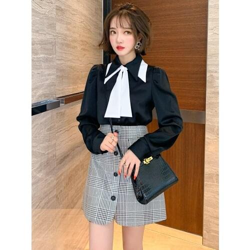 Commuter temperament double layer contrast color lapel tie tie simple versatile shirt women 2020 early autumn new