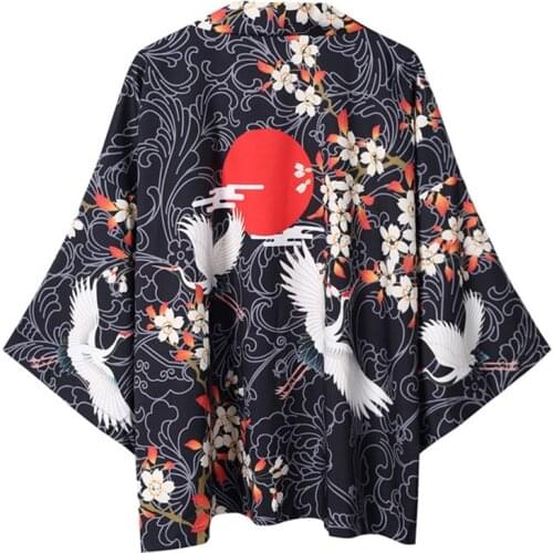 Japanese Style Crane Kimono Tokyo Streetwear Haori Men Women Cardigan Japan Kimonos Chinese Traditional Asian Clothes FF2264