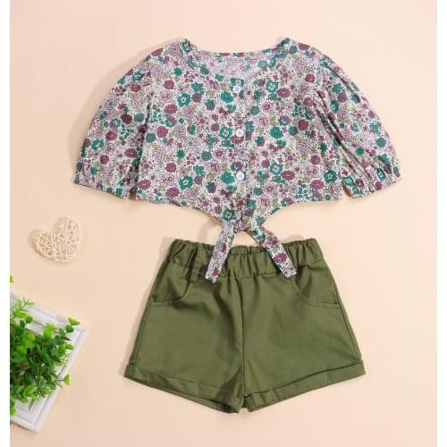 Toddler Baby Girls 2Pcs Summer Outfits Short Sleeve Button Down Floral T-Shirts + Pocket Shorts Set Children Fashion Outwear