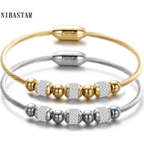 Fashion Stainless Steel Electric Cable High Quality Crystal Charm Women Bracelet & Bangle with Magnet Clasp