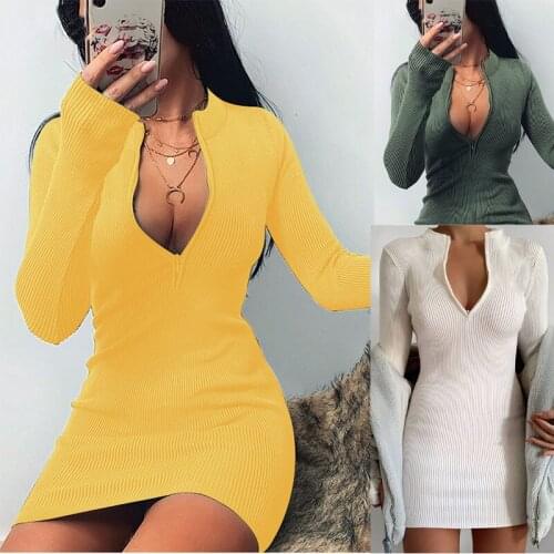 Autumn/winter 2021 Womens Long Sleeve Dress Versatile Neckline Zipper Sexy Slim Skirt Wrap Hip