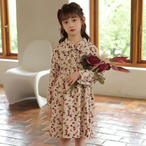 Autumn Spring Floral Dress For Girls Long Sleeve High Waist Knee Length Gowns 5-14 Years Children Teens Daily Casual Dresses