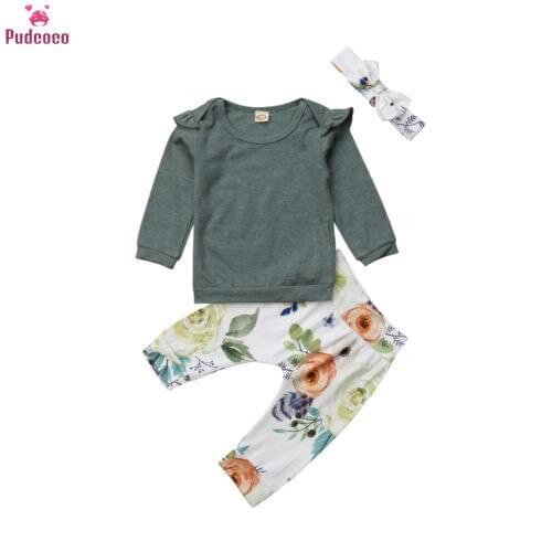 Autumn Winter Newborn Infant Clothes Set Baby Boys Girls Solid Ruffles Tops Floral Pants Outfits 3 Pieces Set 0-24M